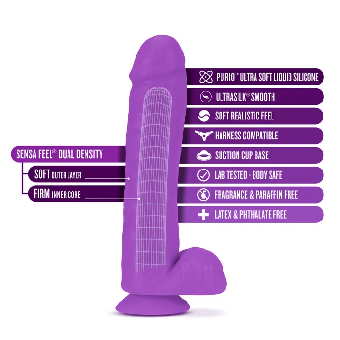 Blush Dildos Neo Elite By Blush Neon Purple 115Inch Long Dildo Made with Purio Silicone SensaFeel Dual Density Realistic Technology