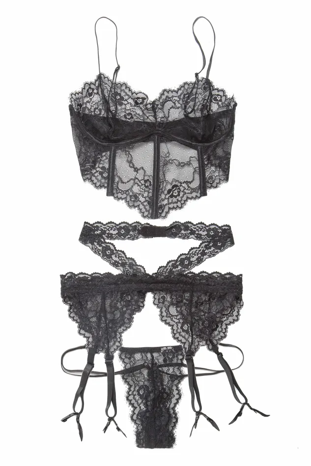 Coquette Plus Size Coquette Black Lace Bra GString and Garter Belt Plus Size Set