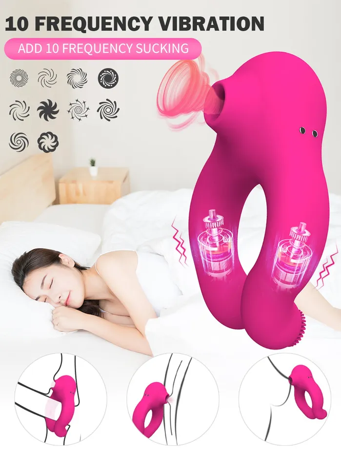 Domlust Couples Female Sucking Vibrator Male Penis Cock Ring Clamping Sex Toys for Couples Women