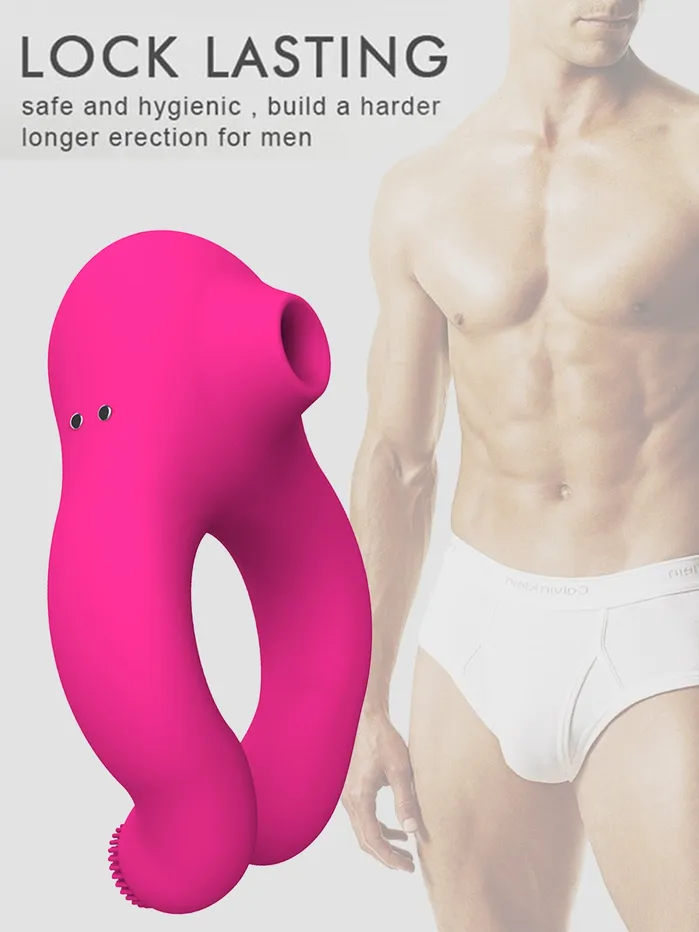 Domlust Couples Female Sucking Vibrator Male Penis Cock Ring Clamping Sex Toys for Couples Women
