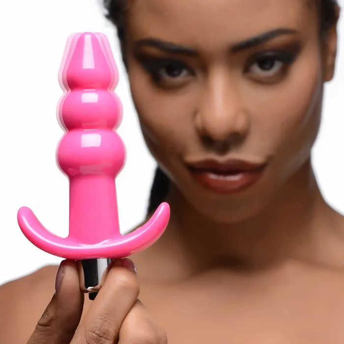 XR Brands Ribbed Vibrating Butt Plug Pink Anal