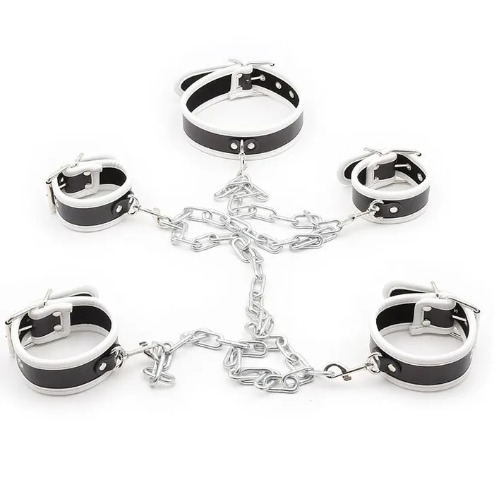 2375MQ White Trimmed Black 6 Pc Cuffs Collar and Chains Bondage Slave Starter Set Idea Restraints