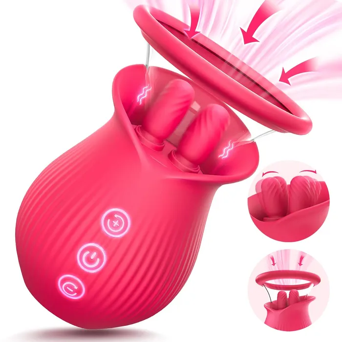 Female Sex Toys Lurevibe Rose Romeo 3in1 Rose Sex Toy with 2 Suction Cups Adult Toys Female Clitoral Nipple Vibrators with 10 Licking Sucking Vibrating Lurevibe