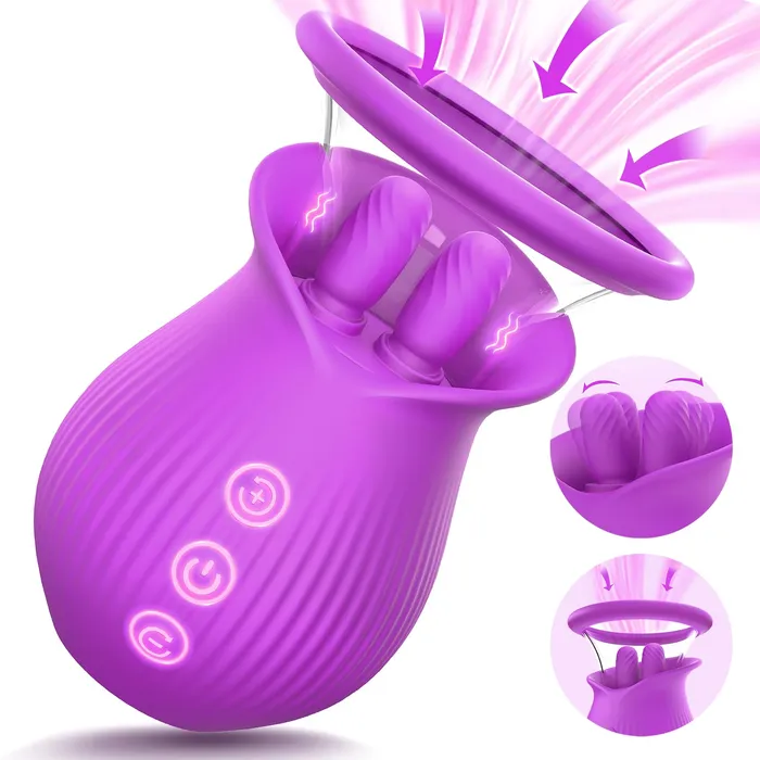 Female Sex Toys Lurevibe Rose Romeo 3in1 Rose Sex Toy with 2 Suction Cups Adult Toys Female Clitoral Nipple Vibrators with 10 Licking Sucking Vibrating Lurevibe
