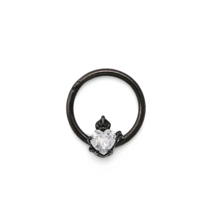Anal Painful Pleasures 16g Royal Crystal Jewel Heart PVD Black Steel Septum Clicker