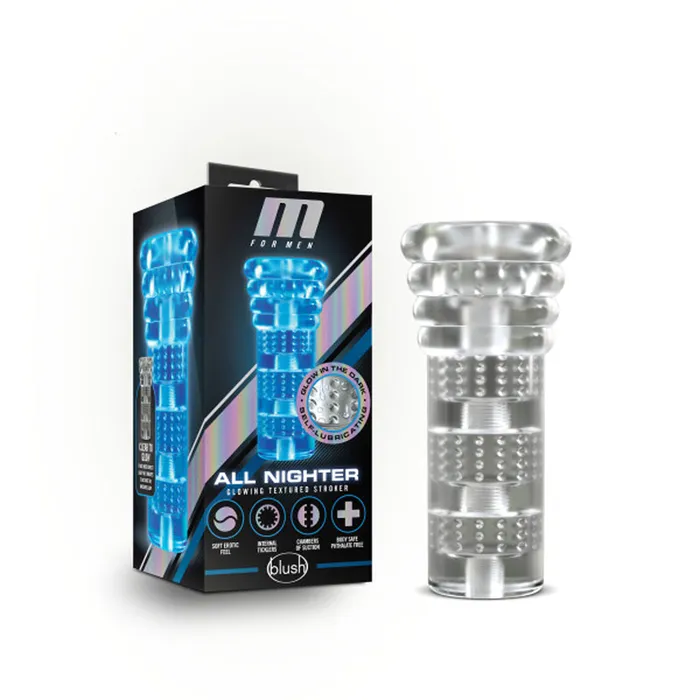 Blush Male Sex Toys All Nighter Glow in the Dark Textured Clear Self Lubricating Stroker