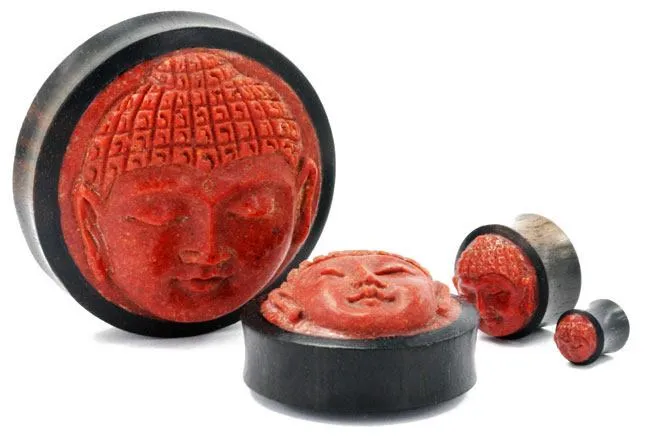 Carved Red Coral Buddha Face on Areng Wood Base Solid Plug Natural Organic Jewelry 8mm 50mm Price Per 1 Elementals Organics Anal Carved Red Coral Buddha Face on Areng Wood Base Solid Plug Natural Organic Jewelry 8mm 50mm Price Per 1 Elementals Organics Anal