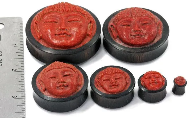 Carved Red Coral Buddha Face on Areng Wood Base Solid Plug Natural Organic Jewelry 8mm 50mm Price Per 1 Elementals Organics Anal Carved Red Coral Buddha Face on Areng Wood Base Solid Plug Natural Organic Jewelry 8mm 50mm Price Per 1 Elementals Organics Anal