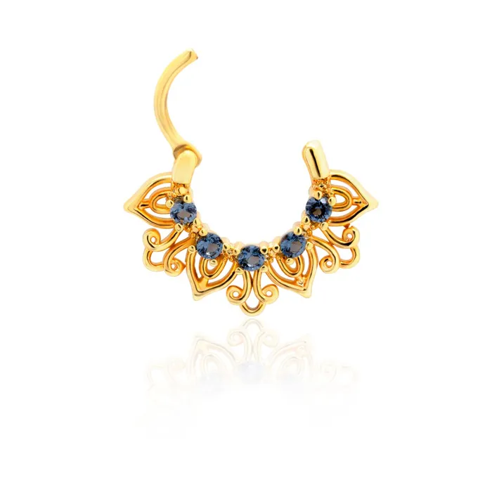 Painful Pleasures 16g PVD Gold Smoke Blue Jeweled Petals Septum Clicker Vibrators