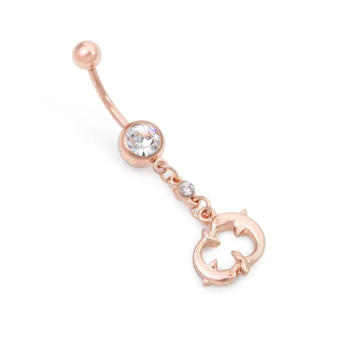 Vibrators Painful Pleasures 14g 716 PVD Rose Gold Jeweled Dolphin Dangle Belly Button Ring Vibrators Painful Pleasures 14g 716 PVD Rose Gold Jeweled Dolphin Dangle Belly Button Ring