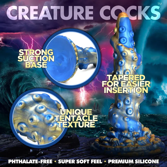 XR Brands Anal Lord Kraken Blue and Gold 85 Inch Silicone Dildo